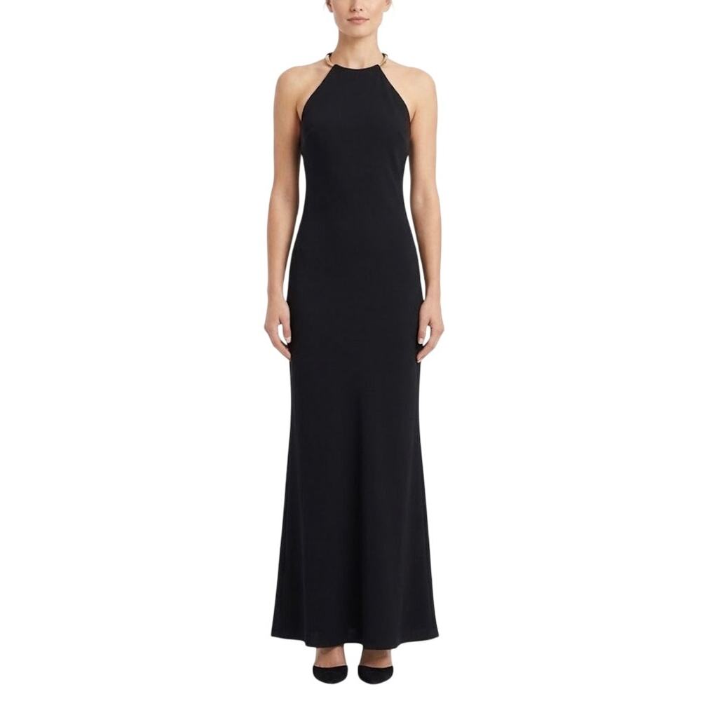 AQUA Black Evening Gown Backless Chain Halter Neck Long Mermaid Dress Size 10